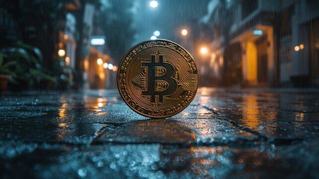 Bitcoin on rain-slicked city street at night