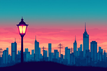 Fototapeta premium vibrant cityscape at sunset with glowing streetlamp and modern skyline