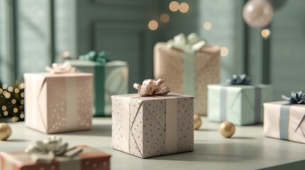 A collection of wrapped presents in a room with a light background.