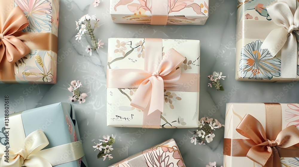 Poster a collection of gift boxes in a variety of colors and patterns with ribbons and flowers.