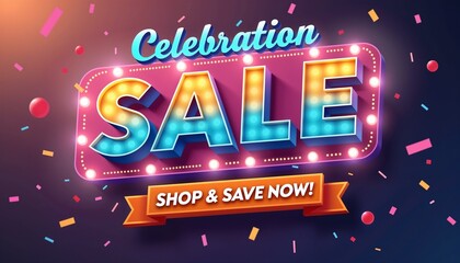 Colorful celebration sale poster, bold 3D text, glowing confetti, Shop & Save Now!, copy space