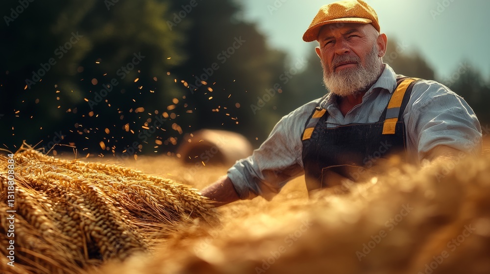 Poster man in a hat and overalls sits in a field of wheat. he is surrounded by the grain and he is enjoying