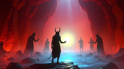The Shadows Gather: Five figures, shrouded in darkness, stand within a cavernous, hellish landscape, bathed in an otherworldly red glow. The central figure, a horned demon with an ominous presence.