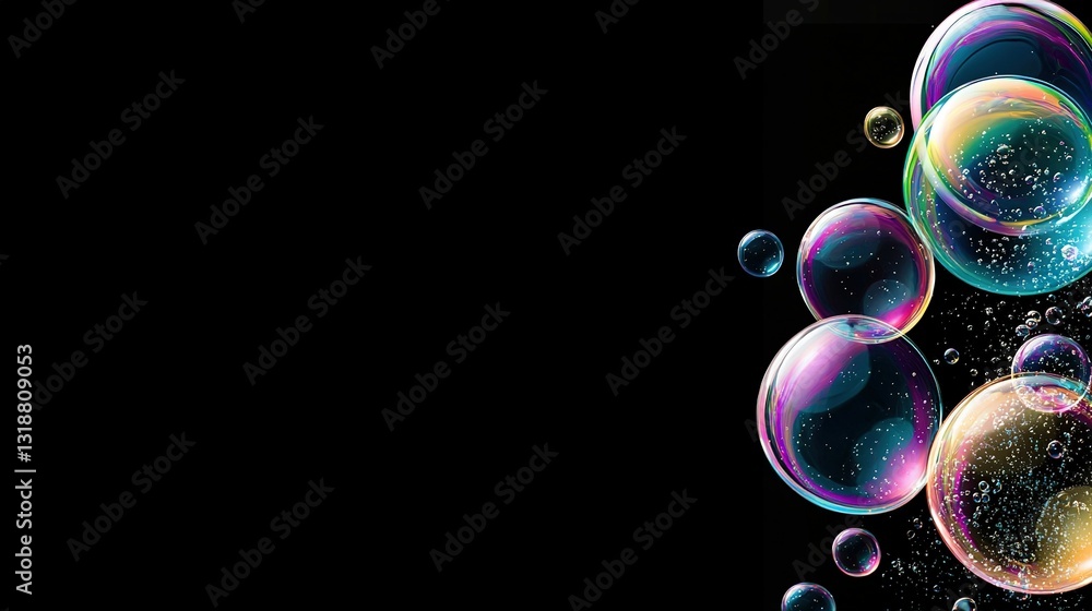 Aufkleber soap bubbles float on black background, allowing space for text or image