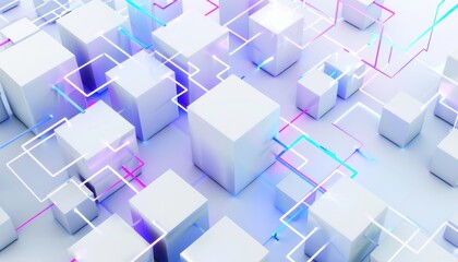 Obraz premium 3D cubes white black system data network connection digital intelligence futuristic glowing light shine.