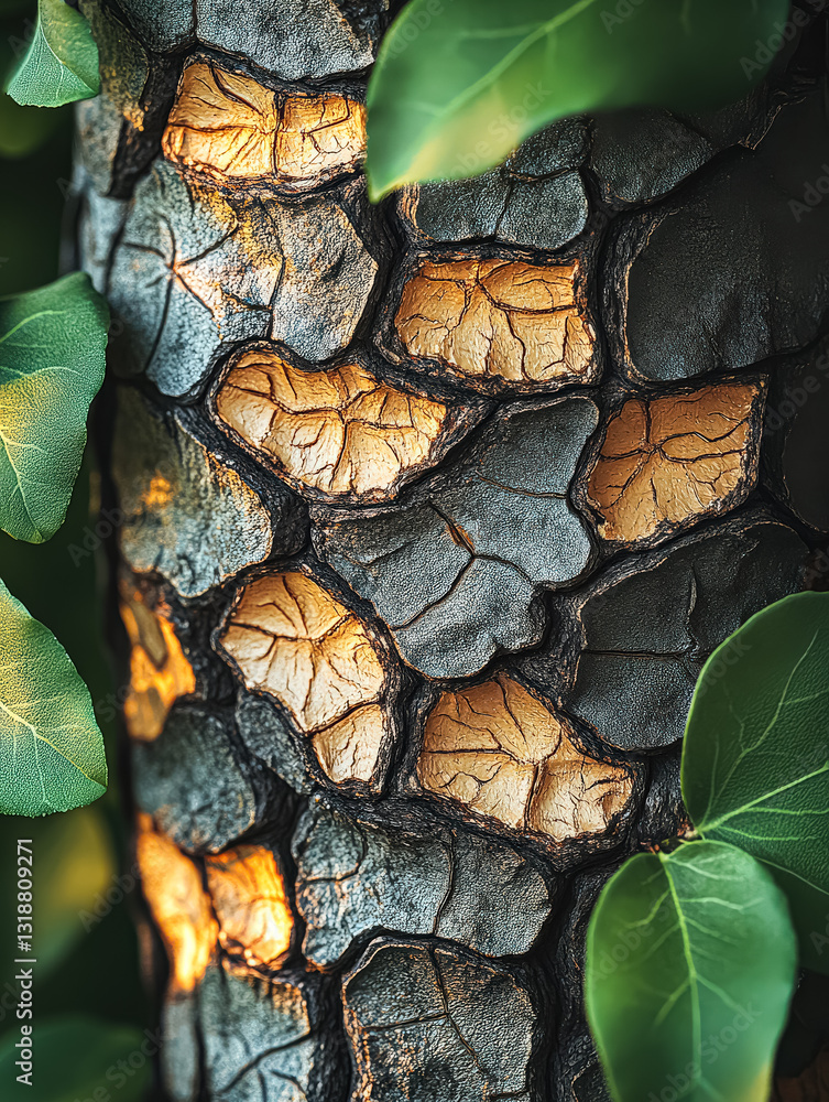 Poster tree with a rough, textured bark. the bark is covered in small, leaf-like patterns that create a uni