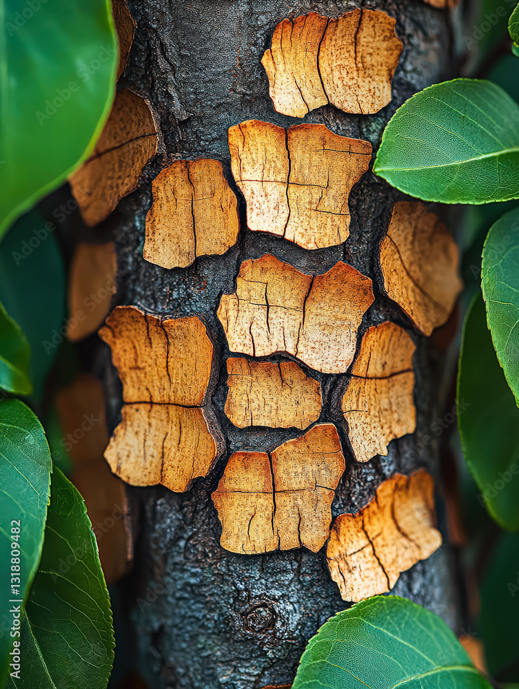Poster tree with a rough, textured bark. the bark is covered in small, leaf-like patterns that create a uni