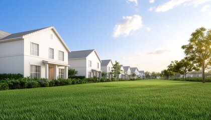 Modern suburban homes with lush green lawns under clear blue sky