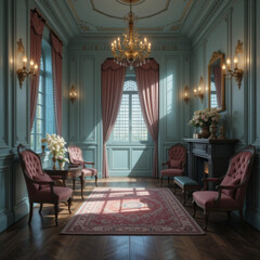 Elegant drawing room bathed in soft sunlight, creating sense of serenity and luxury, inviting relaxation and contemplation