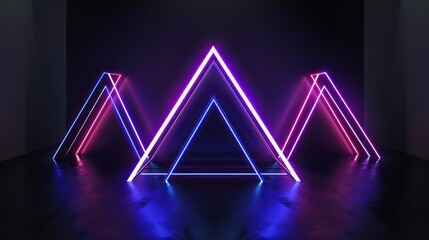 Ring of stage triangle shape glowing purple blue pink on dark background light reflection.
