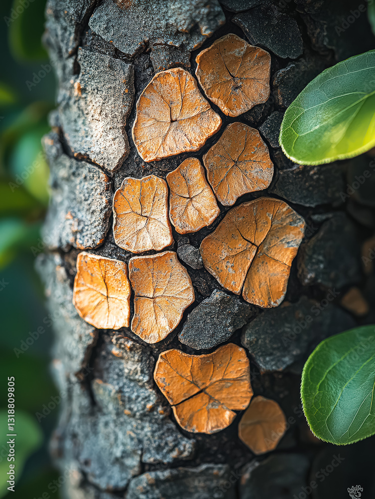 Poster tree with a rough, textured bark. the bark is covered in small, leaf-like patterns that create a uni