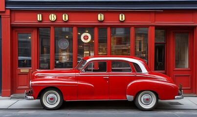 Classic Red Car Parked in Front of Red Building Facade