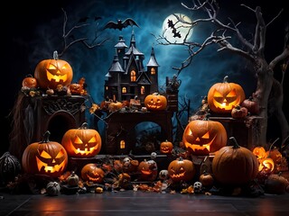 Halloween Pumpkin Scene with Haunted House and Full Moon