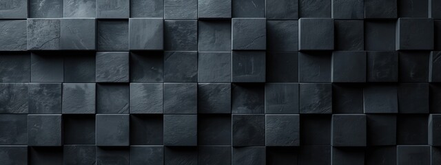 Abstract grid tile square cube block pattern dark black rectangle arrangement concrete cement shape wall low light night.