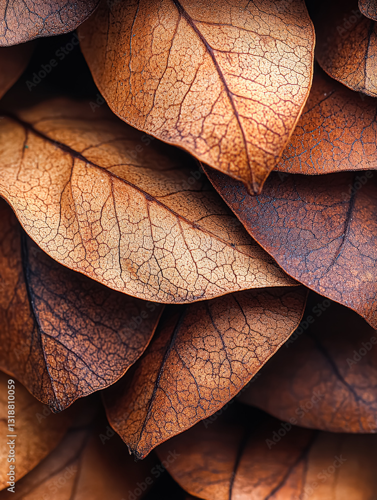Poster close up of several brown leaves, with some of them being slightly larger than others. the leaves ar