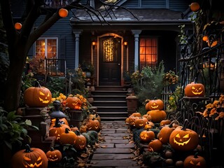 Obraz premium Spooky Halloween Porch with Jack-o'-Lanterns