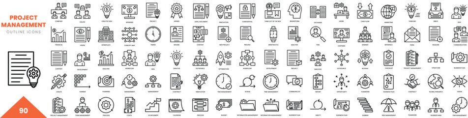 project management outline icon collection. Vector illustration