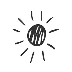 Minimalist black sketch Drawn Sun icon. Monochrome Sun silhouette in doodle style. Simple child Drawings summer element. Great for logo, summer, weather icon, kids design, handmade product packaging