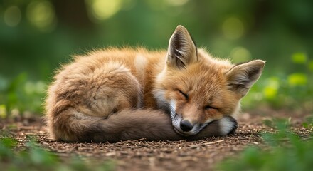 Fototapeta premium 可愛い狐の子、柔らかな日差し浴びて眠る. AI Generated