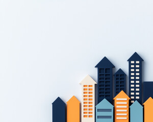 Colorful geometric buildings on light background, showcasing modern design