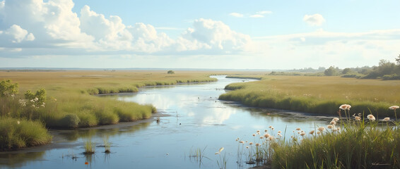 Fototapeta premium Exploring the Unique Ecosystem of a Salt Marsh: Salty Waterways, Coastal Plants, and the Dynamic Land-Sea Interaction