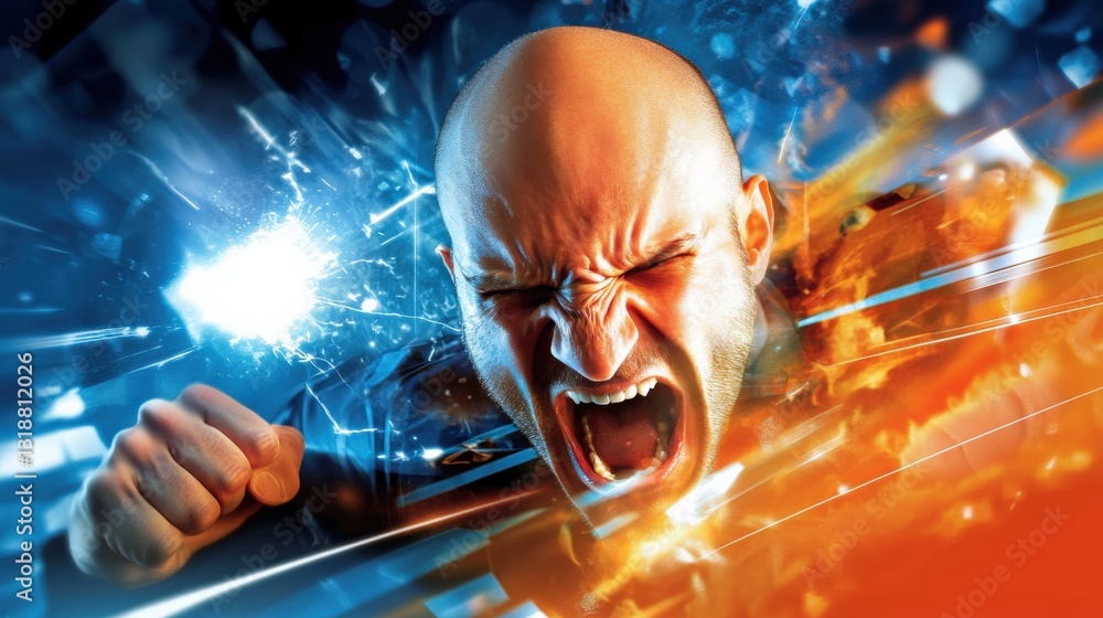 Poster dynamic action sequence of a powerful shout abstract setting digital art high-energy environment clo