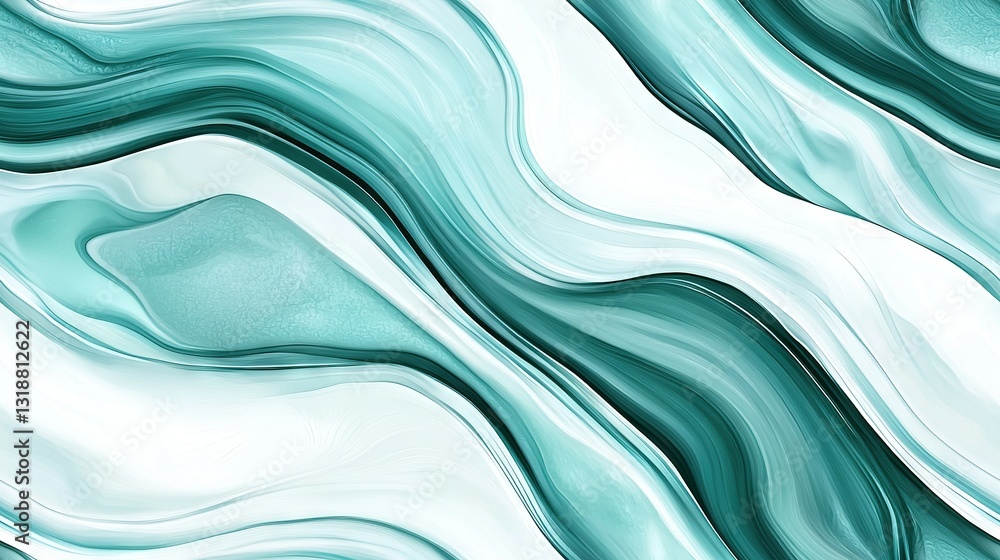 Poster blue and white background with wavy design at center, and bottom centered in image