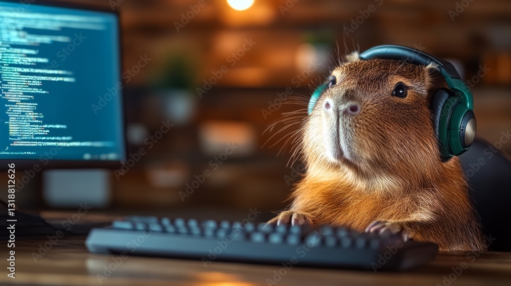 Poster small brown rodent wearing headphones is sitting in front of a computer keyboard. the scene is set i