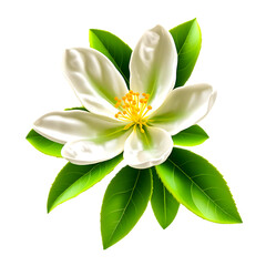 Fototapeta premium Delicate White Flower with Orange Stamen – High-Detailed Botanical Illustration with Green Leaves, Realistic Texture, and Soft Lighting on a White isolated PNG Background