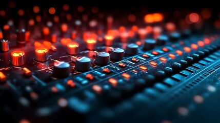 Fototapeta premium Close-up of Audio Mixing Console with Illuminated Knobs and Buttons