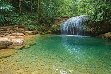Tranquil tropical waterfall cascading into a clear blue pool