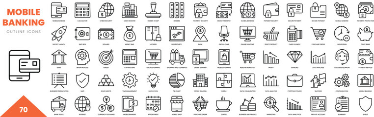 mobile banking and pay online outline icon collection. Vector illustration
