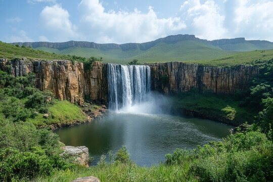 Spectacular waterfall plunging from a rocky cliff into a valley