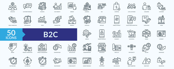B2C icon collection set with customer feedback, loyal customer, direct marketing, mobile payment, social media marketing
