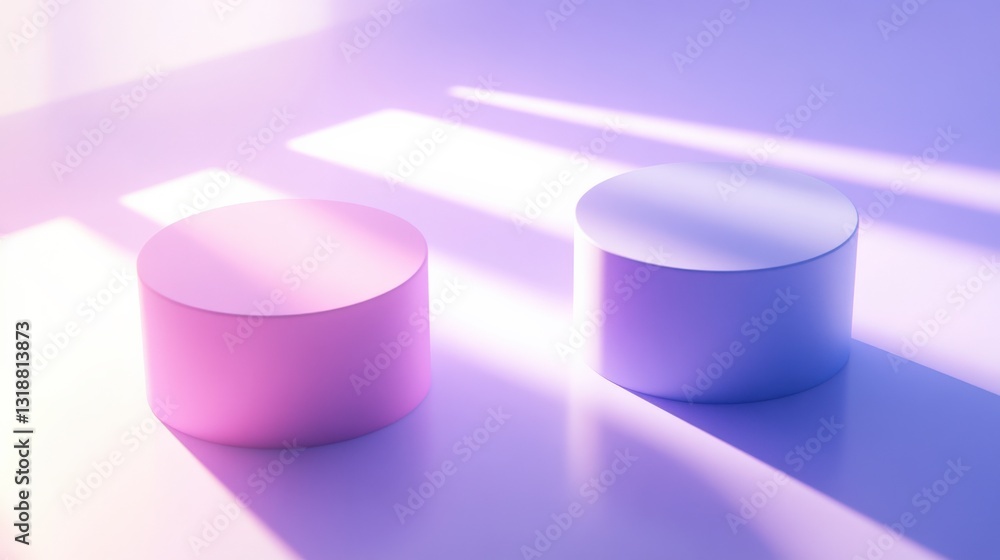 Poster two smooth, circular objects in pink and white hues casting soft shadows in a serene setting