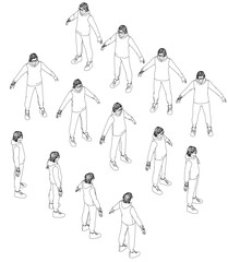 A group of people are standing in a circle, with some of them holding hands. Concept of unity and togetherness, as the people are all connected in some way. Isometric view