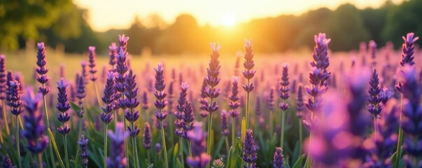 Sunlit field of purple lavender with tall grasses, summer, grass, farm