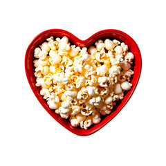 Heart-Shaped Red Ceramic Bowl Filled with Fluffy White Popcorn – High-Resolution Valentine's Day Movie Snack with Studio Lighting on a Clean PNG Background, popcorn, heart-shaped bowl