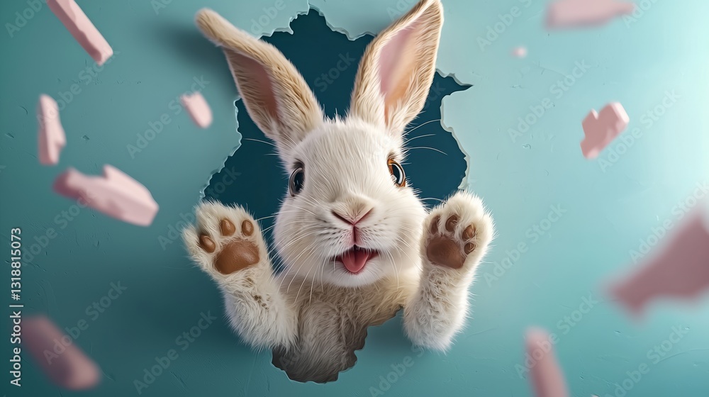 Poster rabbit is peeking out of a hole in a wall. the rabbit is looking at the camera and he is surprised. 