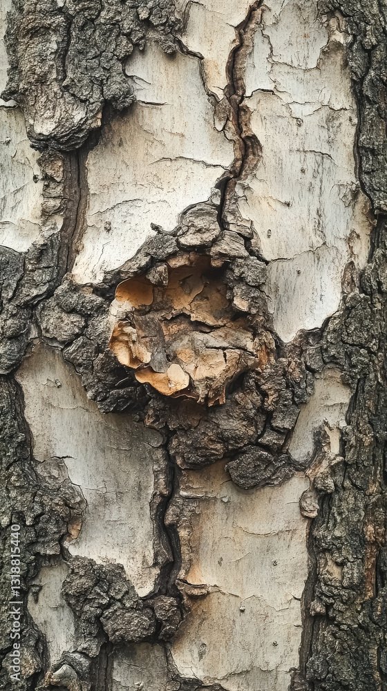 Poster tree trunk with a hole in it. the hole is surrounded by a ring of bark. the bark is brown and has a 