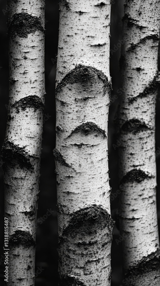 Poster the image is a close up of a tree trunk with a black and white filter. the tree trunk is very thin a