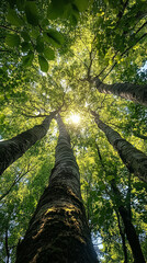 Fototapeta premium Tree with three trunks and leaves is shown in the sunlight. The tree is tall and has a lot of leaves