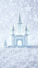 Obraz premium Sparkling ice palace on a silver white glitter background, holiday decoration, shimmery white