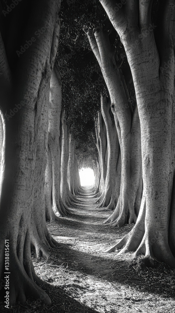 Poster dark forest with a path through it. the path is illuminated by the sun, creating a sense of mystery 