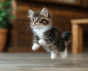 Kitten leaps indoors for hardwood floor.