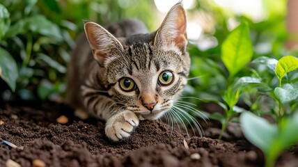 Fototapeta premium Environmental Impact Pets concept A playful kitten exploring soil among vibrant green plants.