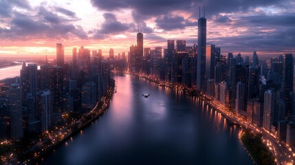 Fototapeta premium Enchanting cityscape at night captured by drone showcasing the illuminated streets and buildings creating a stunning urban atmosphere