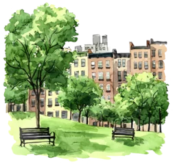 Crédence de cuisine en verre imprimé Urban park scene with green trees and benches city landscape watercolor art serene environment aesthetic viewpoint