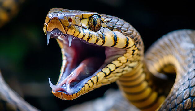 striking snake, in motion with mouth open and fangs showing,angle from right to left, high detail snake skin