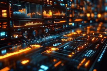 Futuristic interface displaying vibrant data visualizations and analysis tools